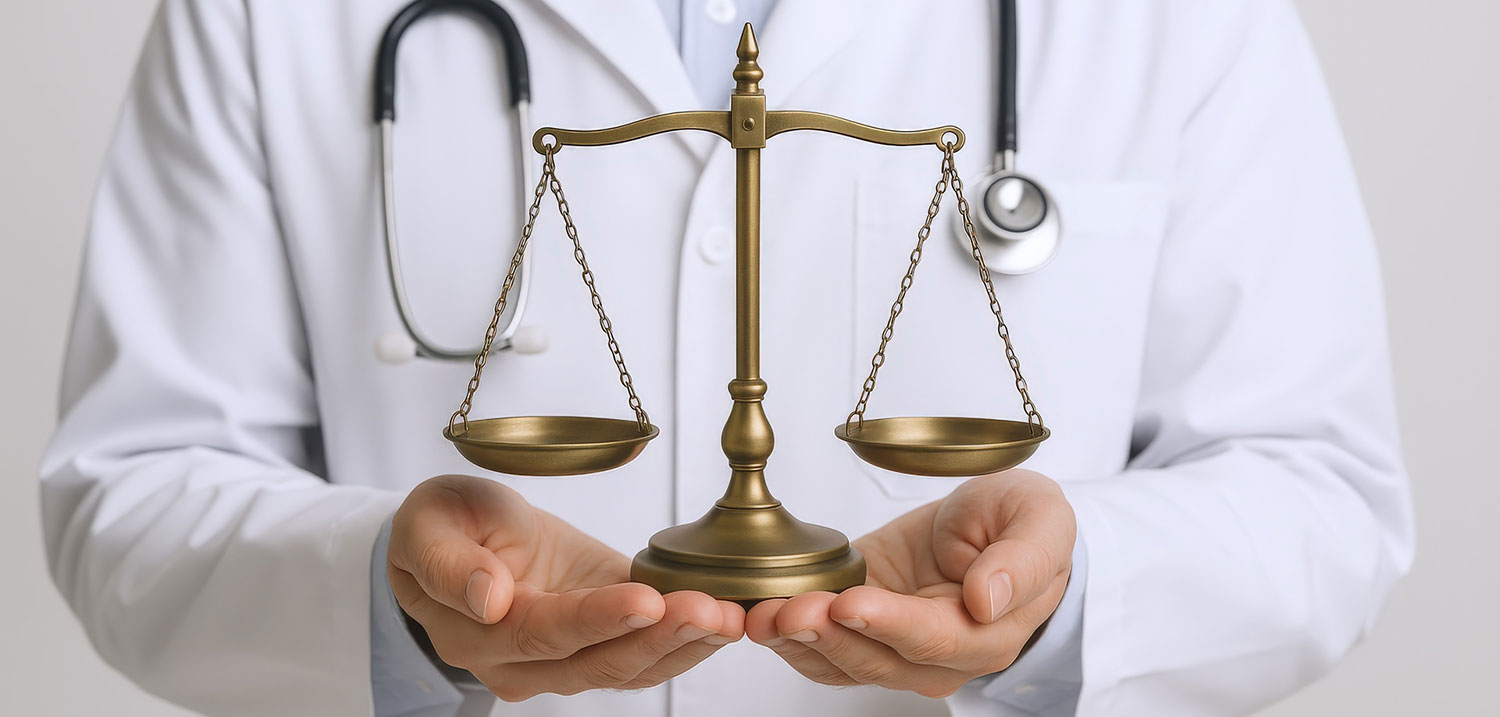 Doctor holding scales of justice, symbolizing ICU negligence lawsuits and medical malpractice claims in Pennsylvania.