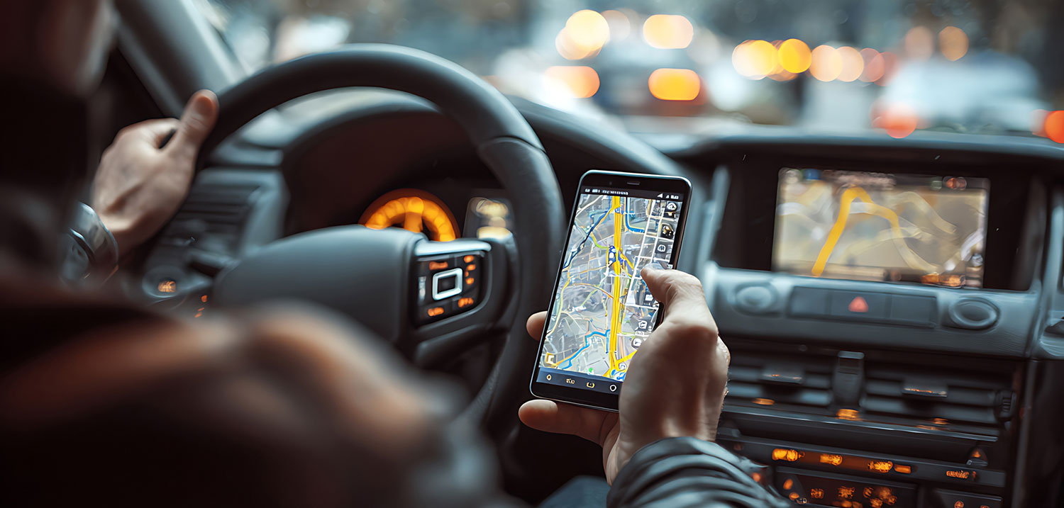 A driver navigating with a smartphone GPS in rainy city traffic, illustrating how an Uber driver’s active app use and driving activity can affect liability and insurance coverage in Pennsylvania.