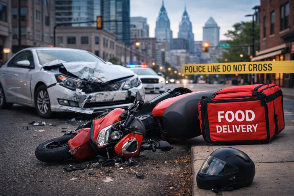 Food delivery scooter damaged after head-on collision with car on a Philadelphia city street at dusk