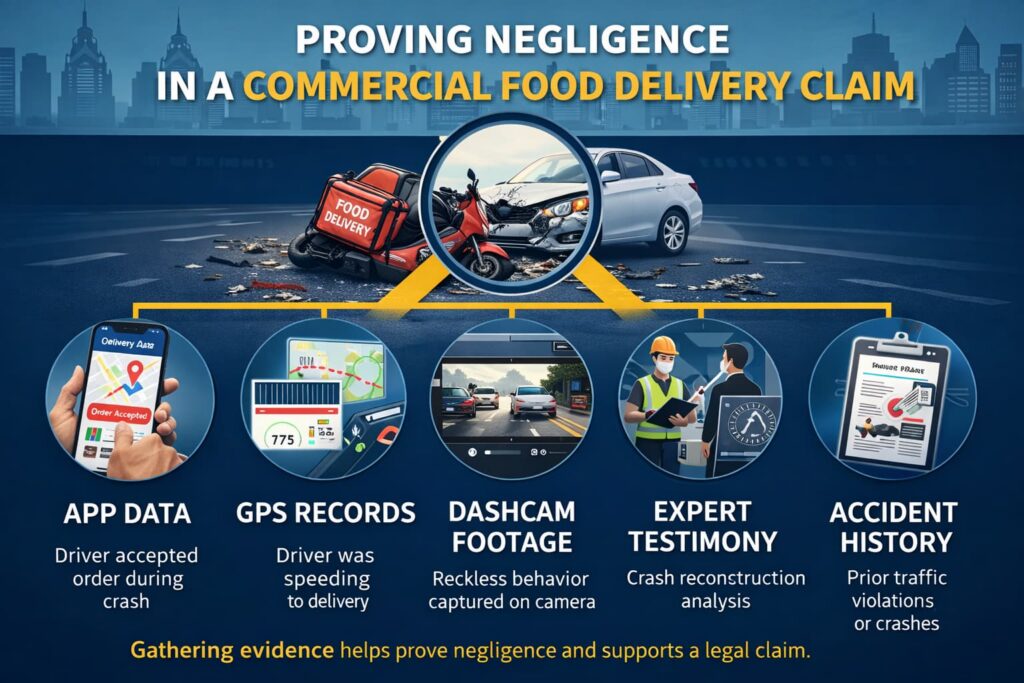 Infographic showing how to prove negligence in a commercial food delivery accident claim using app data, GPS records, dashcam footage, and expert testimony